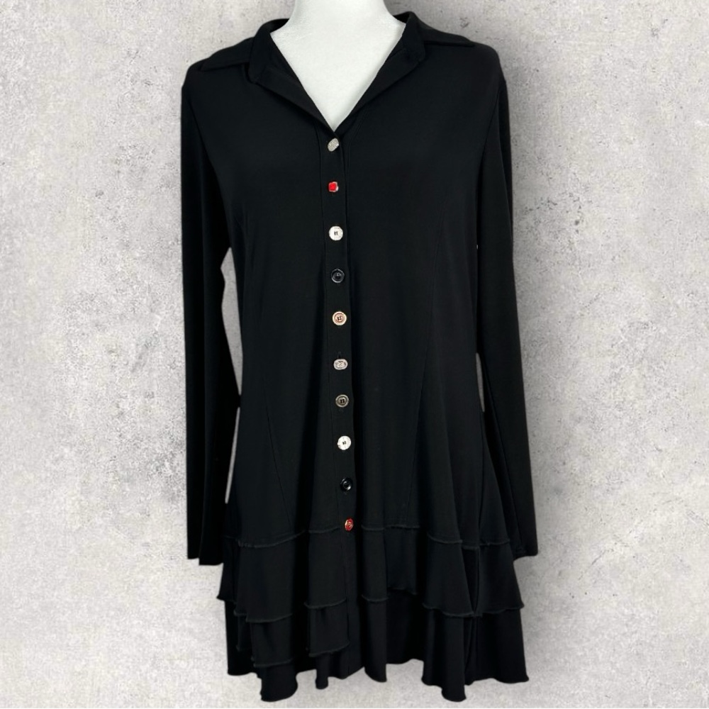 Joseph Ribkoff Black Long Sleeve V-Neck Tiered Button Down Jersey Dress Size 10